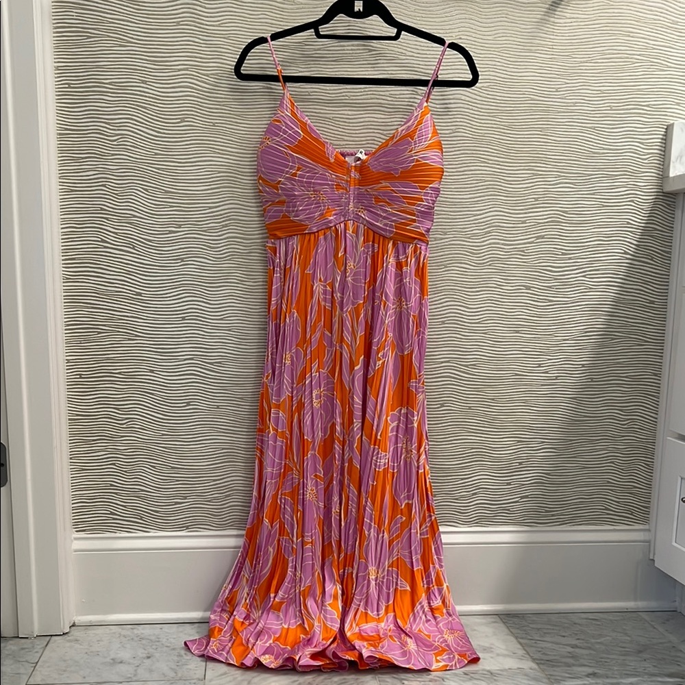 ASTR Floral Pleated Spaghetti-Strap Maxi Dress in Pink & Orange